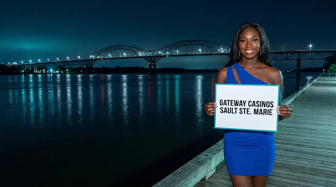 Generated picture: the guide's character, a young woman in a cobalt mini dress, on a riverside boardwalk at night holding a card that reads Gateway Casinos Sault Ste. Marie; a long arched steel bridge is lit across the river behind her.